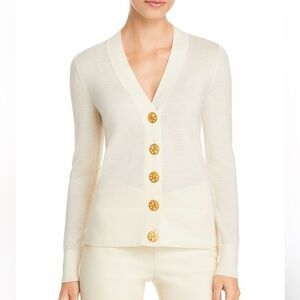Tory burch white long sleeve v-neck gold bottoms simon cardigan